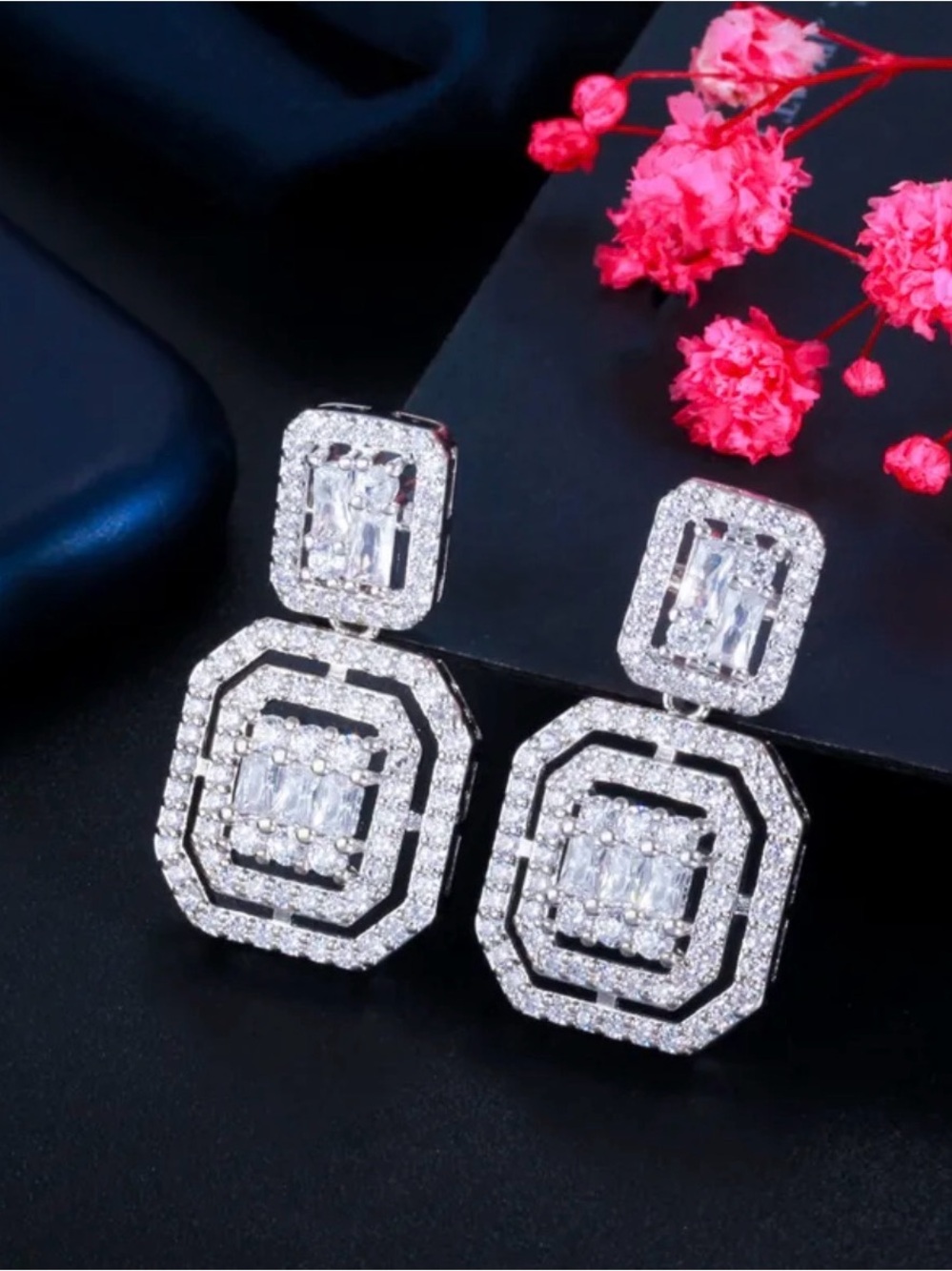 Geometric Crystal Drop Earrings NWT Rhodium Plated